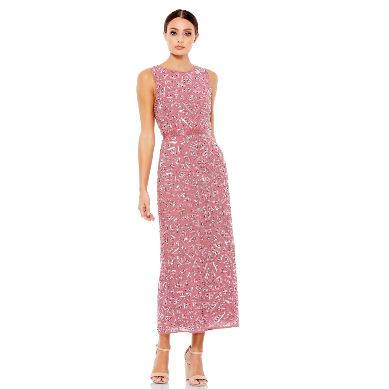 Mac Duggal 93550 Sleeveless Beaded Midi Sheath Gown Pink Sequin 6 Nwot